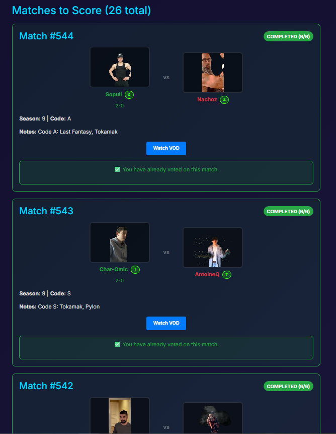 Voting interface showing match list with player names, races, and voting status